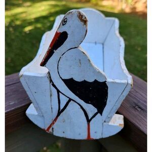 STORK Small Baby Doll Wooden CRADLE Folk Art Primitive SCHWARZ TOY Hand Painted